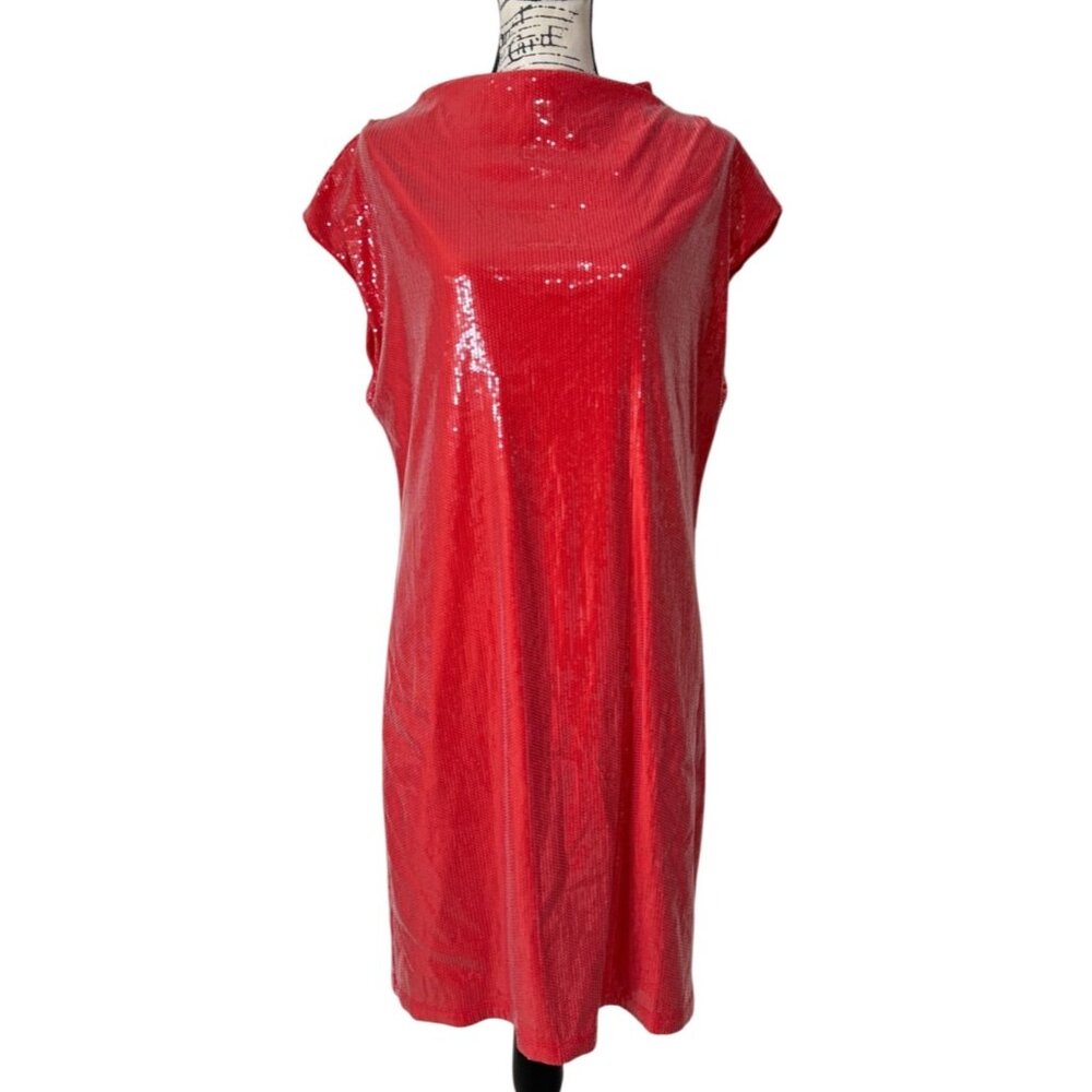 Anthropologie Maya Red Sequin Dress High Neck Cap-Sleeve Size XL NEW with Tags
